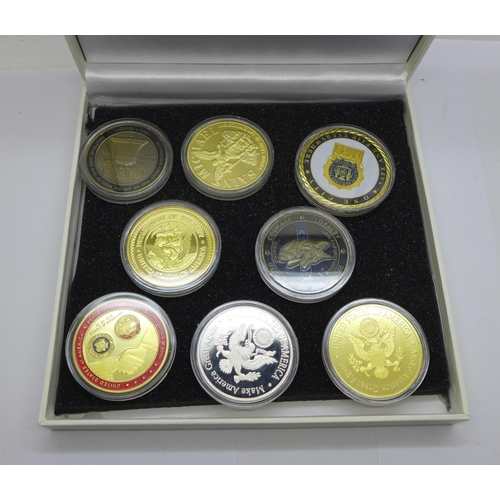 1054 - Eight commemorative coins from the United States of America, presidents Donald Trump, Barack Obama, ... 