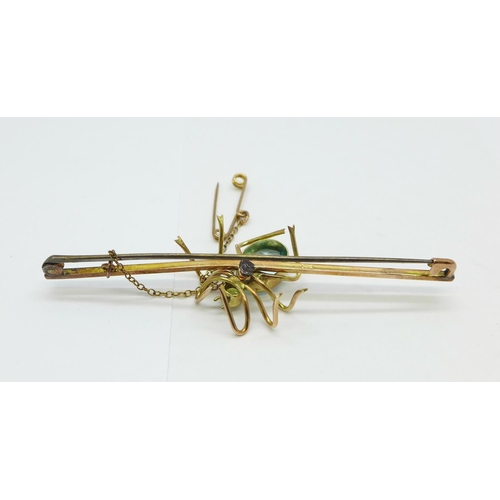 1068 - A 9ct gold spider brooch set with topaz and peridot, 3.6g, topaz approximately 9mm x 7mm, (a/f, repa... 