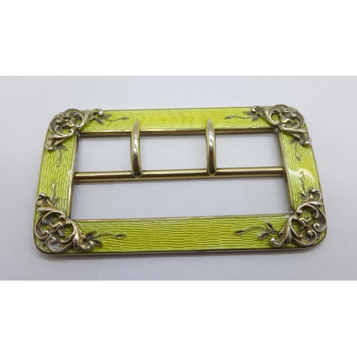 1099 - A 935 silver gilt and yellow enamel buckle, 69mm x 39mm