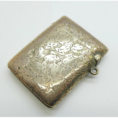 1106 - A Victorian silver vesta case, Birmingham 1896, hinge strained