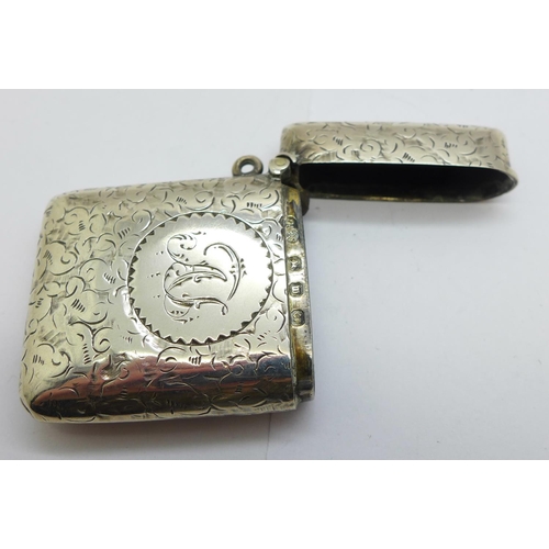 1106 - A Victorian silver vesta case, Birmingham 1896, hinge strained