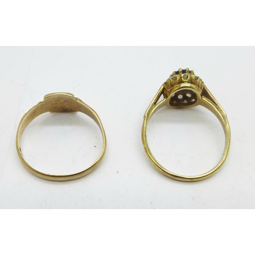 1116 - Two 9ct gold rings; cluster ring 2.6g, N/O and small signet ring 2g, M