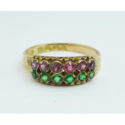 1122 - A Victorian 12ct gold, pink and green stone ring, Birmingham 1872, one pink stone a/f, maker MJR, 2.... 