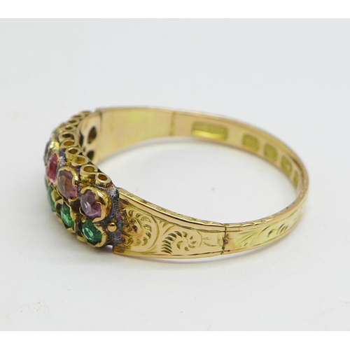 1122 - A Victorian 12ct gold, pink and green stone ring, Birmingham 1872, one pink stone a/f, maker MJR, 2.... 