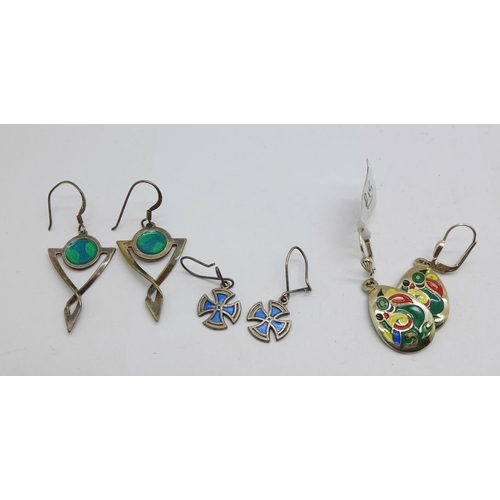 1126 - Three pairs of silver and enamel earrings