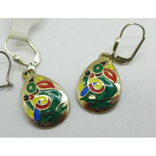 1126 - Three pairs of silver and enamel earrings