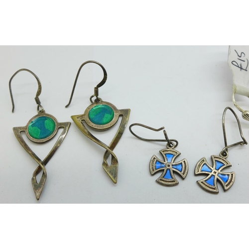 1126 - Three pairs of silver and enamel earrings