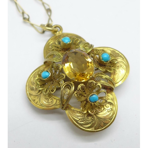 1140 - A Victorian turquoise and citrine pendant/brooch with chain, width 33mm