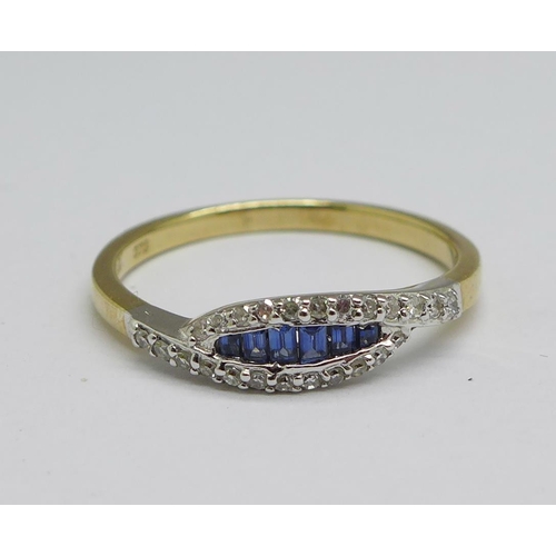 1142 - A 9ct gold, sapphires and twenty-four diamond crossover ring, 2.3g, Q