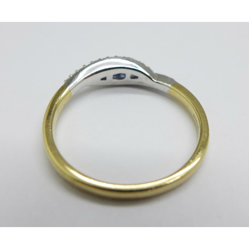 1142 - A 9ct gold, sapphires and twenty-four diamond crossover ring, 2.3g, Q