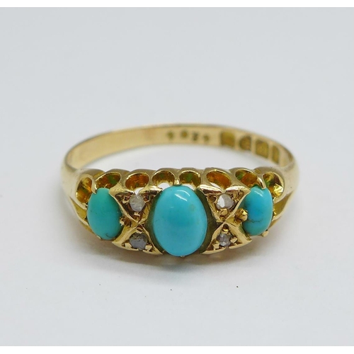 1144 - An Edwardian 18ct gold, turquoise and diamond ring, Chester 1902, 2.3g, M/N, (centre stone possibly ... 