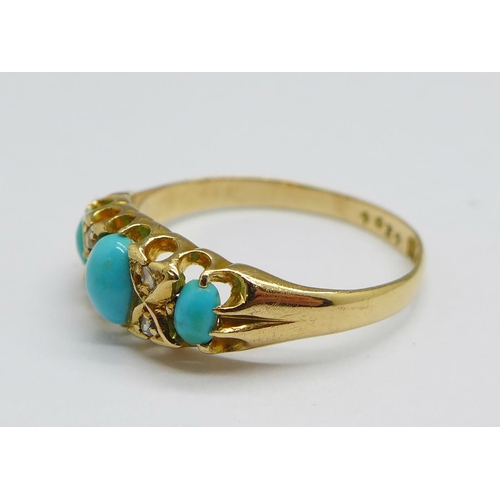 1144 - An Edwardian 18ct gold, turquoise and diamond ring, Chester 1902, 2.3g, M/N, (centre stone possibly ... 