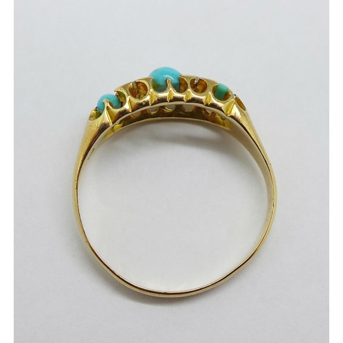 1144 - An Edwardian 18ct gold, turquoise and diamond ring, Chester 1902, 2.3g, M/N, (centre stone possibly ... 