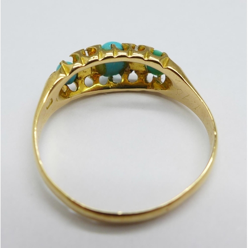 1144 - An Edwardian 18ct gold, turquoise and diamond ring, Chester 1902, 2.3g, M/N, (centre stone possibly ... 