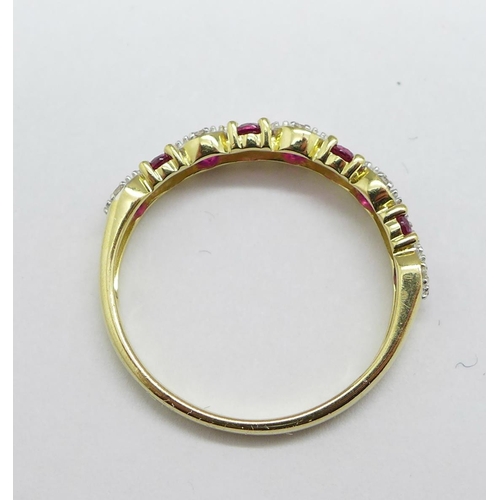 1150 - A 9ct gold, ruby and diamond half eternity ring, 1.5g, N