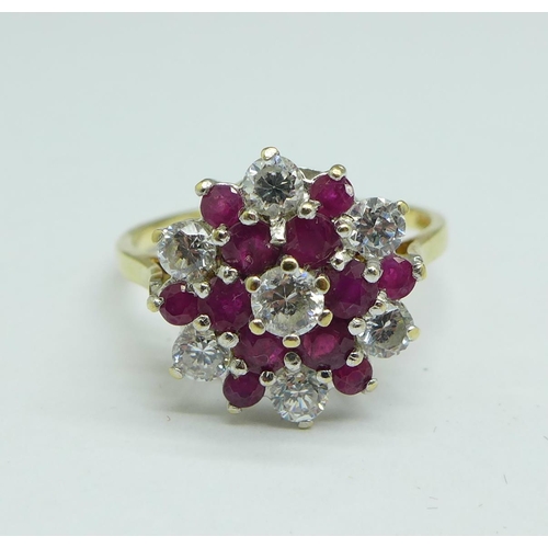 1151 - A 9ct gold, ruby and white stone cluster ring, 3g, Q