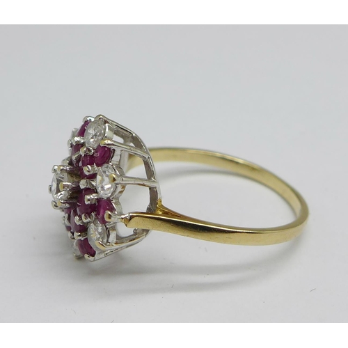 1151 - A 9ct gold, ruby and white stone cluster ring, 3g, Q