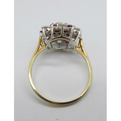 1151 - A 9ct gold, ruby and white stone cluster ring, 3g, Q