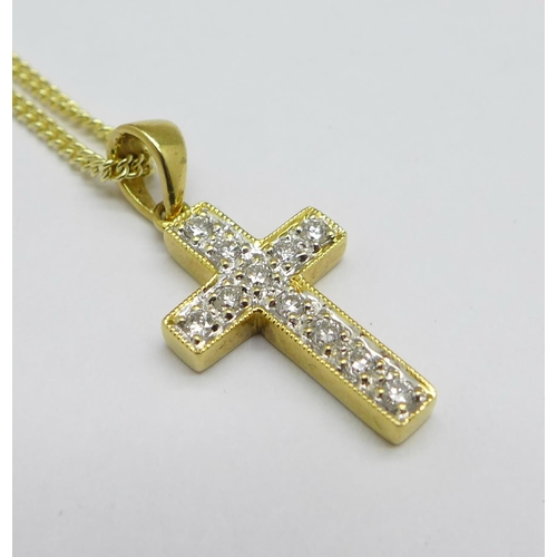 1163 - An 18ct gold and diamond cross pendant on a 9ct gold chain, total weight 3.5g, cross 15mm x 10mm