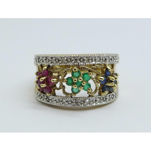 1166 - A 9ct gold, diamond, sapphire, emerald and ruby ring, 3.8g, N