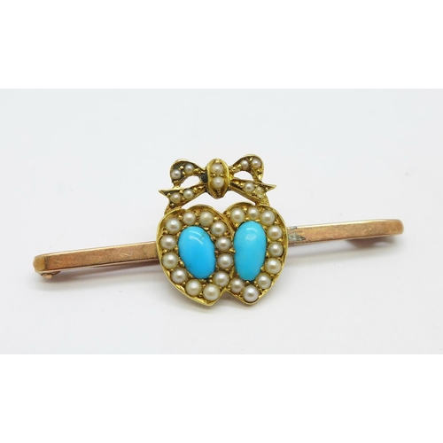 1180 - A 9ct gold bar brooch mounted with a 15ct gold, turquoise and seed pearl plaque, total weight 2.6g