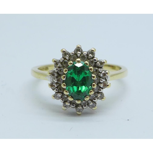 1187 - A 14ct gold, green and white stone cluster ring, 3.4g, N