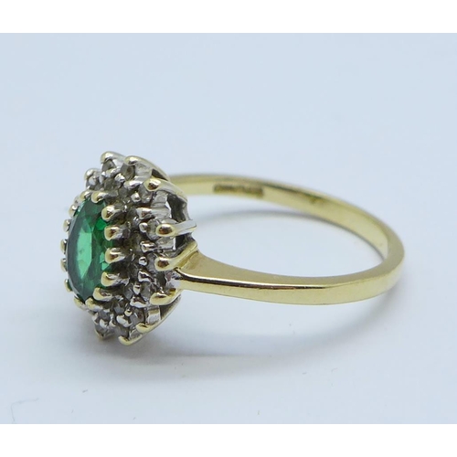 1187 - A 14ct gold, green and white stone cluster ring, 3.4g, N