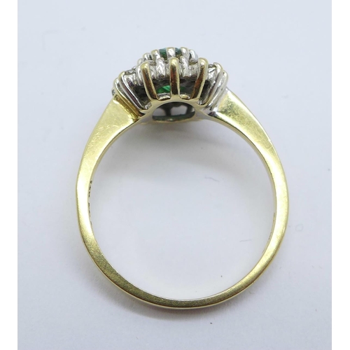 1187 - A 14ct gold, green and white stone cluster ring, 3.4g, N