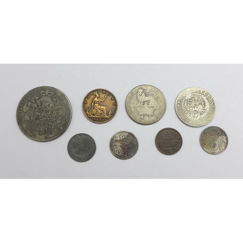 1198 - Eight coins including a Victorian 1885 One Third Farthing, a Victorian shilling, etc.