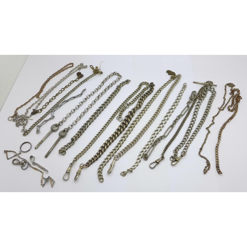 1207 - Five chains with Albert clips, one with T-bar, and assorted other chains