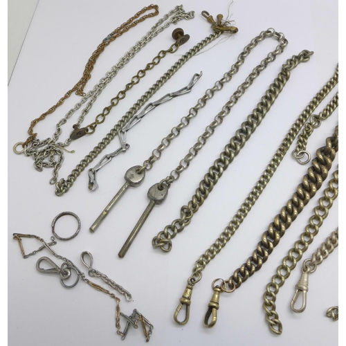 1207 - Five chains with Albert clips, one with T-bar, and assorted other chains