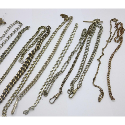 1207 - Five chains with Albert clips, one with T-bar, and assorted other chains