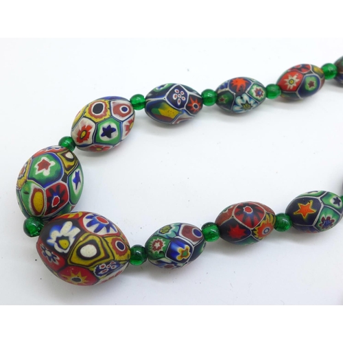 1213 - A vintage millefiori Murano glass bead necklet, 64cm