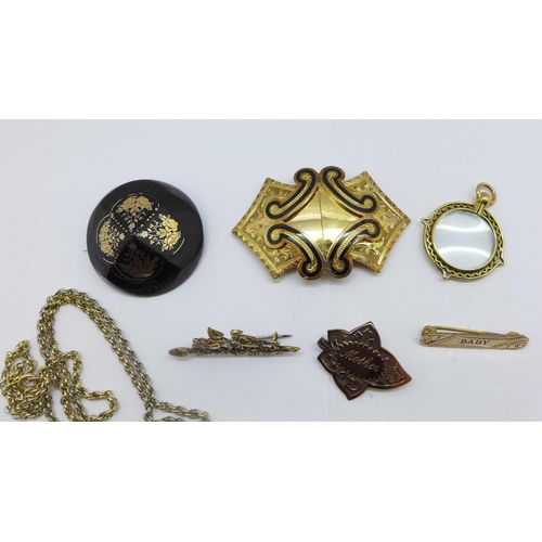 1223 - Vintage jewellery including a tortoiseshell pique brooch and a buckle, brooch lacking some gold inla... 