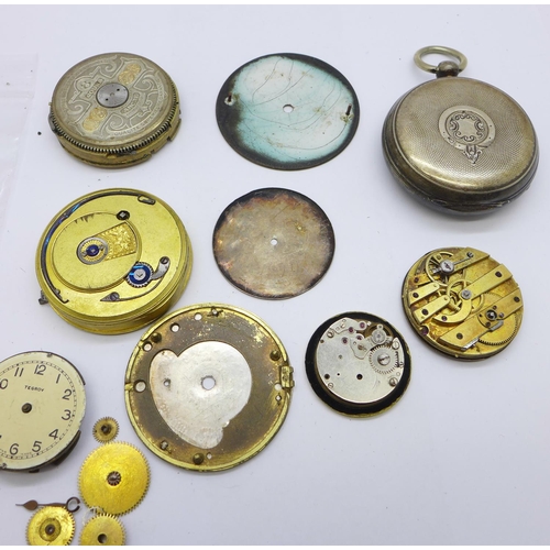 1249 - A sterling silver pocket watch, a/f, and assorted watch parts