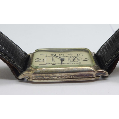 1260 - A 925 silver cased J.W. Benson Art Deco tank shape wristwatch, 22mm case