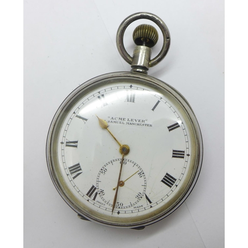 1261 - A silver cased top wind pocket watch, 'Acme Lever', button loose, and a silver cased Immisch's  ther... 