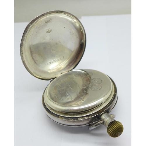 1261 - A silver cased top wind pocket watch, 'Acme Lever', button loose, and a silver cased Immisch's  ther... 