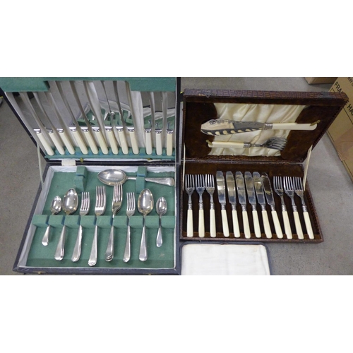 1271B - Five silver handled knives, cased and two sets of flatware