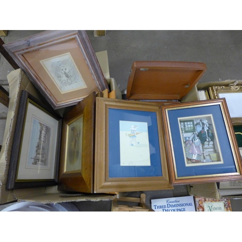 1275 - A wooden stick stand, hat boxes, a Sky Countess radio, a set of small suitcases, picture frames, pri... 