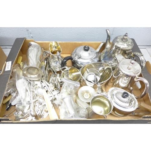 1277C - Plated ware including teapots, an Art Nouveau jug with lid, condiments and flatware **PLEASE NOTE TH... 