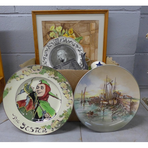 1278B - Two Royal Doulton plates, Jester and Home Waters, a Josiah Wedgwood commemorative plate, other china... 