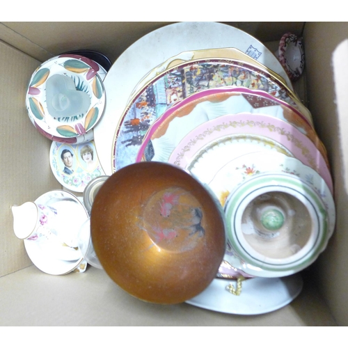 1279B - A box of mixed decorative china and a box containing a Seiko Acctim clock, Bell's decanter, hand pai... 