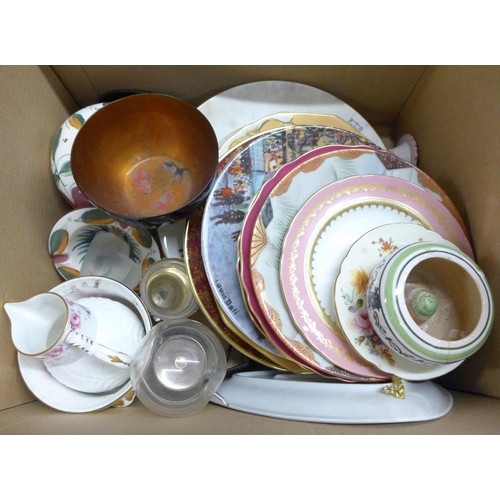 1279B - A box of mixed decorative china and a box containing a Seiko Acctim clock, Bell's decanter, hand pai... 