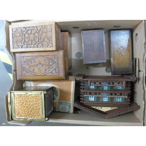 1279D - Two boxes of wooden boxes, work boxes, sewing boxes, brass and copper tea caddy, Anglo-Indian carved... 