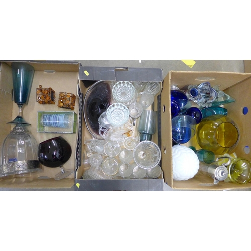 1280 - Three boxes of mixed glass, including coloured glass vases, bowls, ashtrays, large brandy glass, etc... 