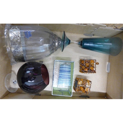 1280 - Three boxes of mixed glass, including coloured glass vases, bowls, ashtrays, large brandy glass, etc... 