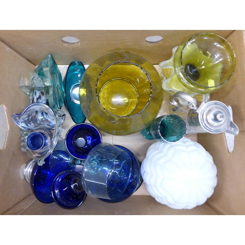 1280 - Three boxes of mixed glass, including coloured glass vases, bowls, ashtrays, large brandy glass, etc... 