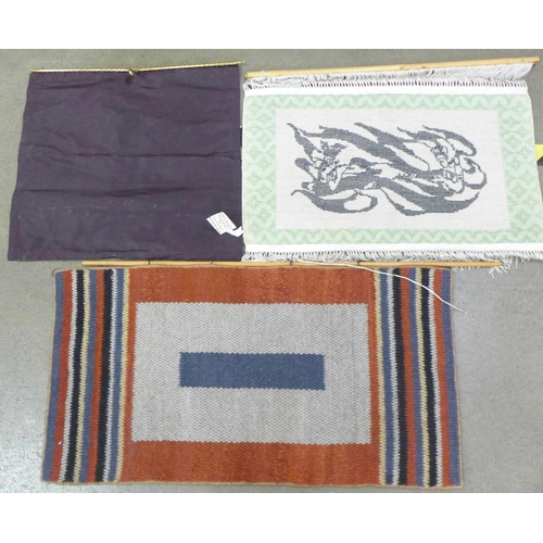 1284D - An Oriental embroidery, woollen wall hanging and a 1940's silk patchwork banner screen **PLEASE NOTE... 