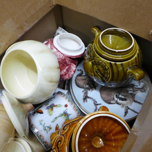 1285C - Five onion face pots, two Chinese tea mugs and lids (one chipped), two animal plates and ten pieces ... 